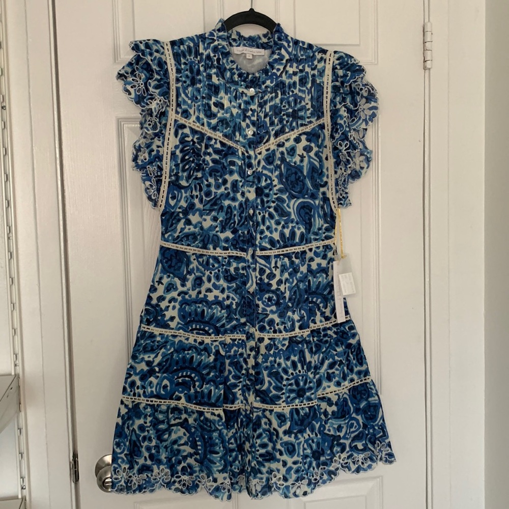 NWT New House of Harlow 1960 Blue Ruffle Embroidered Mini Dress Size S